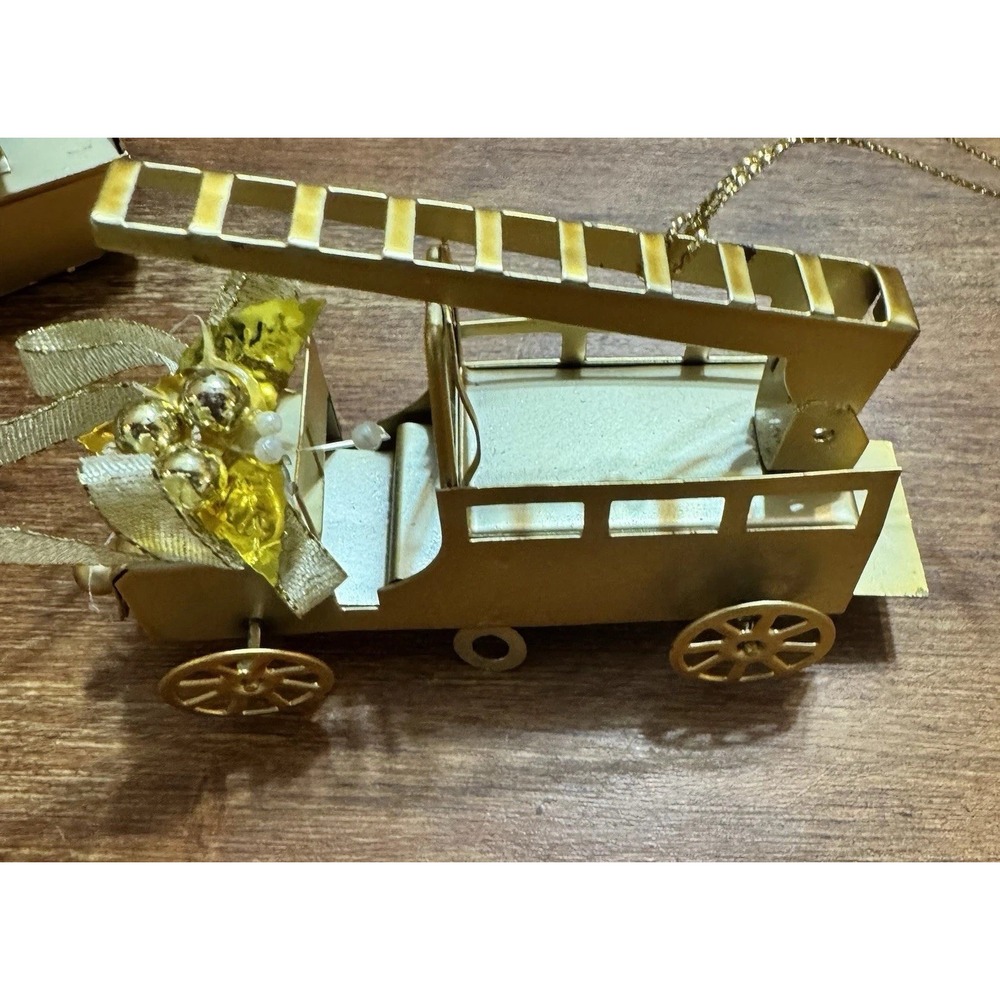 Vintage Gold Toned Metal Christmas Ornaments Featuring A Fire Truck And Boat - Picture 4 of 16